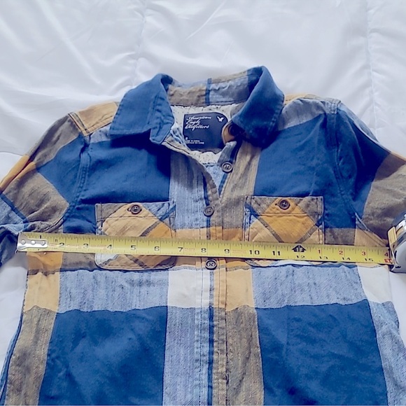 AMERICAN EAGLE vintage blue and gold/yellow/white plaid button down, size 2 - Picture 10 of 15